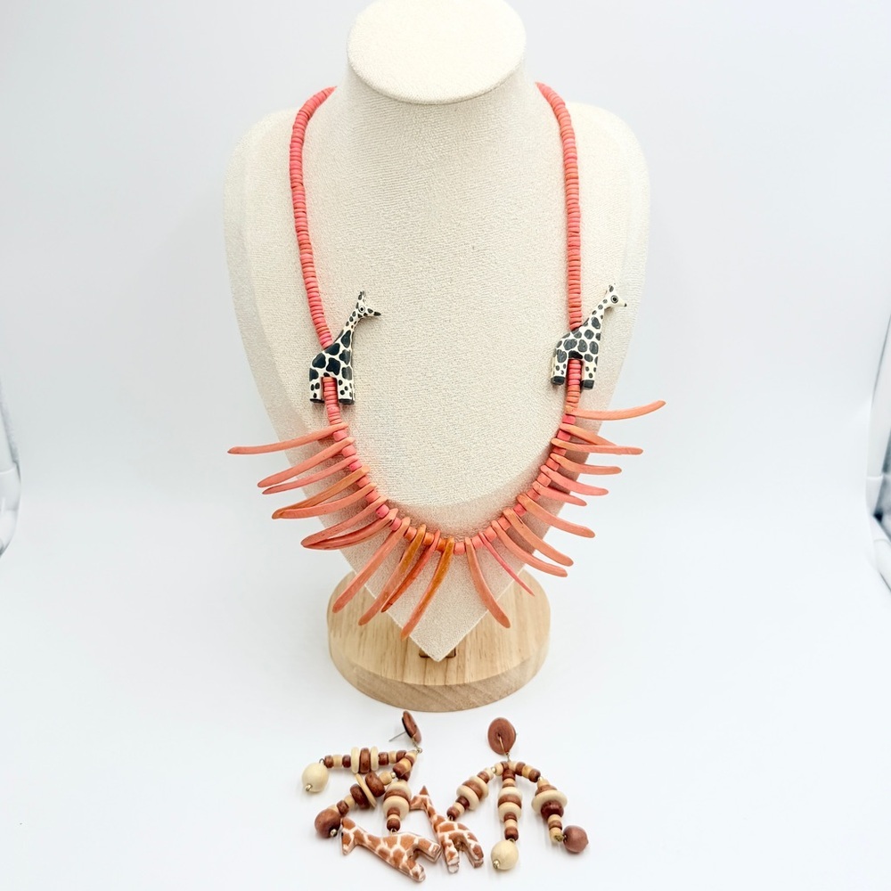 Giraffe Statement Necklace & Earrings Set in Coral Wood, Safari Style